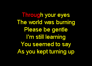 Through your eyes
The world was burning
Please be gentle

I'm still learning
You seemed to say
As you kept turning up
