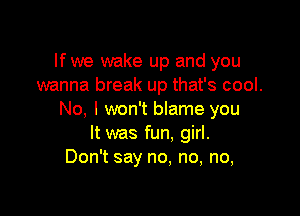 lfwe wake up and you
wanna break up that's cool.

No, I won't blame you
It was fun, girl.
Don't say no, no, no,
