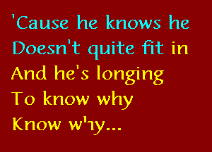 'Cause he knows he
Doesn't quite fit in
And he's longing

To know why
Know w'1y...