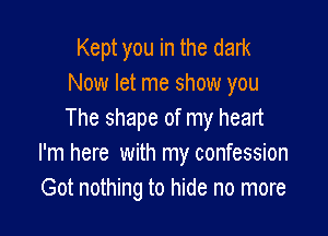 Kept you in the dark
Now let me show you

The shape of my heart
I'm here with my confession
Got nothing to hide no more