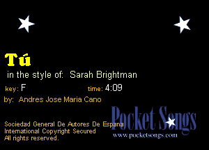 2?

T1111

m the style of Sarah Bughlman

key F 1m 4 09
by, Andres Jose Mans Cano

Sociedad Geneml De futons 0c BBQUket S
Imemational Copynght Secumd

m ngms resented, mmm