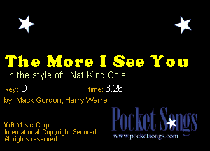 I? 451

The More I See You

m the style of Na! ng Cole

key D Inc 3 26
by, Mack Gordon, Harry Warren

W8 Mmsic Corpv
Imemational Copynght Secumd
M rights resentedv