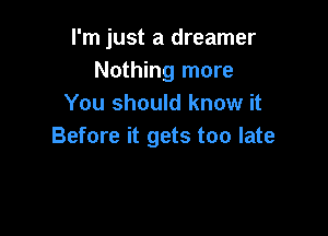 I'm just a dreamer
Nothing more
You should know it

Before it gets too late