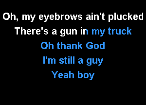 Oh, my eyebrows ain't plucked
There's a gun in my truck
Oh thank God

I'm still a guy
Yeah boy