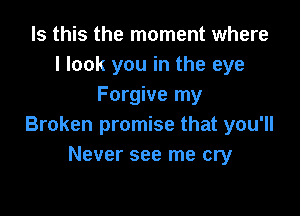 Is this the moment where
I look you in the eye
Forgive my

Broken promise that you'll
Never see me cry