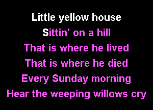 Little yellow house
Sittin' on a hill
That is where he lived
That is where he died
Every Sunday morning
Hear the weeping willows cry