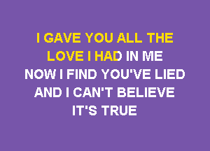 I GAVE YOU ALL THE
LOVE I HAD IN ME
NOW I FIND YOU'VE LIED
AND I CAN'T BELIEVE
IT'S TRUE