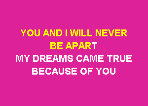 YOU AND I WILL NEVER
BE APART
MY DREAMS CAME TRUE
BECAUSE OF YOU