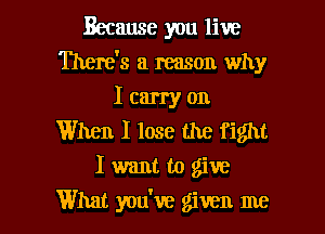 Because you live

There's a reason why

I carry on
When I lose the fight

I want to give
What you've given me