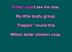 If they could see me now,
My little dusty group,

Traipsin' 'round this

Million dollar chicken coop.