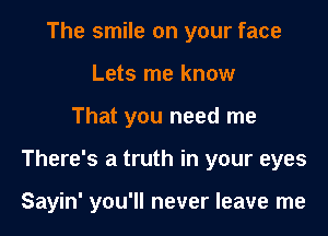 The smile on your face
Lets me know

That you need me

There's a truth in your eyes

Sayin' you'll never leave me