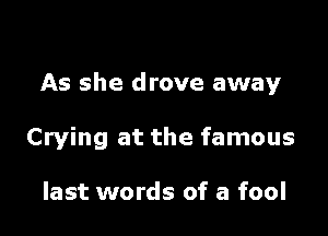 As she drove away

Crying at the famous

last words of a fool