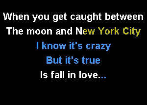 When you get caught between
The moon and New York City
I know it's crazy

But it's true
ls fall in love...