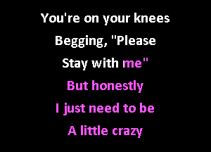 You're on your knees
Begging, Please
Stay with me
But honestly

I just need to be

A little crazy