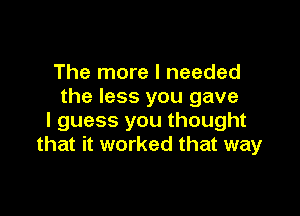 The more I needed
the less you gave

I guess you thought
that it worked that way