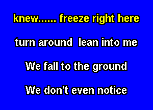 knew ...... freeze right here
turn around lean into me
We fall to the ground

We don't even notice