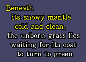 Beneath
its snowy mantle
cold and clean,
the unborn grass lies
waiting for its coat
to turn to green