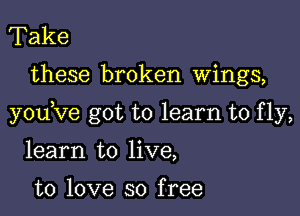Take

these broken wings,

youKIe got to learn to fly,

learn to live,

to love so free