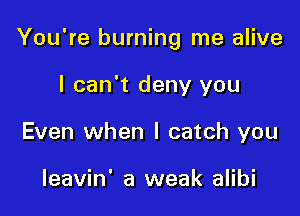 You're burning me alive

I can't deny you
Even when I catch you

leavin' a weak alibi