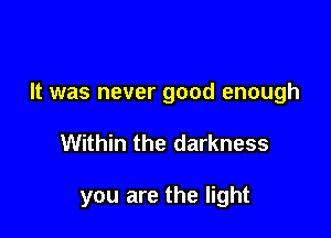 It was never good enough

Within the darkness

you are the light