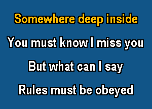 Somewhere deep inside
You must knowl miss you

But what can I say

Rules must be obeyed