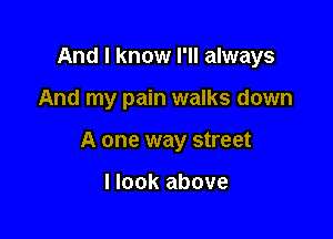 And I know I'll always

And my pain walks down

A one way street

I look above