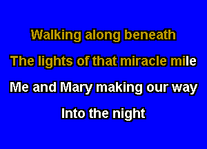 Walking along beneath
The lights of that miracle mile
Me and Mary making our way

Into the night