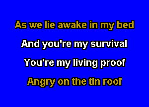 As we lie awake in my bed
And you're my survival

You're my living proof

Angry on the tin roof