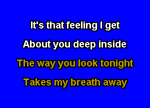 It's that feeling I get

About you deep inside

The way you look tonight

Takes my breath away