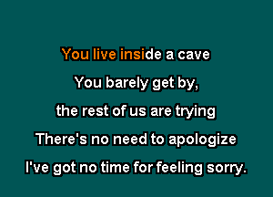 You live inside a cave
You barely get by,
the rest of us are trying

There's no need to apologize

I've got no time for feeling sorry.