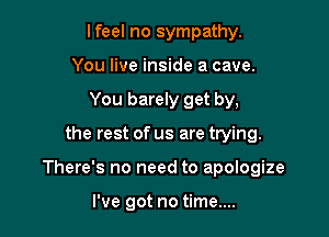 lfeel no sympathy.
You live inside a cave.
You barely get by,

the rest of us are trying.

There's no need to apologize

I've got no time....