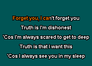 Forget you, I can't forget you
Truth is I'm dishonest
'Cos I'm always scared to get to deep
Truth is that I want this

'Cos I always see you in my sleep