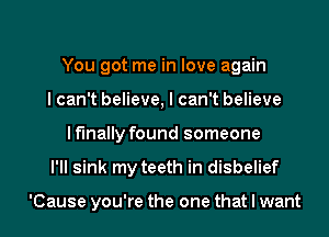 You got me in love again
I can't believe, I can't believe
lf'lnally found someone
I'll sink my teeth in disbelief

'Cause you're the one that I want