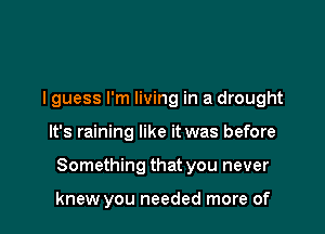 lguess I'm living in a drought

It's raining like it was before

Something that you never

knew you needed more of