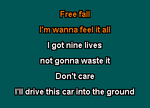 Free fall
I'm wanna feel it all
lgot nine lives
not gonna waste it

Don't care

I'll drive this car into the ground
