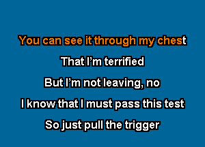 You can see it through my chest
That Pm terrified

But Pm not leaving, no

I know that I must pass this test

Sojust pull the trigger