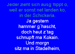 Ja gestem
hammer ghascht,

doch heut z tag
schnupft ma Kokain.
Und morgn
sitz ma in Stadelheim,