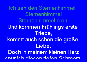 Und kommen FrI'JhIings erste
T ebe,
kommt auch schon die groBe

Liebe.
Doch in meinem kleinen Herz

BHI'IIV' ink runrsnn HAFAH QAkMAr-l