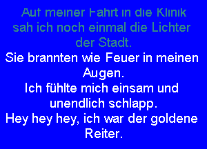 Sie brannten wie Feuer in meinen
Augen.
Ich fI'JhIte mich einsam und
unendlich schlapp.
Hey hey hey, ich war der goldene
Reiter.