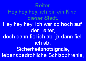 Hey hey hey, ich war so hoch auf
der Leiter,
doch dann flel ich ab, ja dann flel
ich ab.
Sicherheitsnotsignale,
Iebensbedrohliche Schizophrenie.