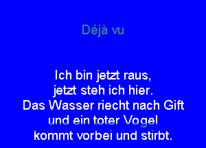 Ich bin jetzt raus,
jetzt steh ich hier.
Das Wasser riecht nach Gift
und ein fnter Vnnel

Kommt VOI'bel und Stlrbt.