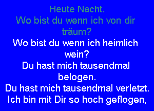 W0 bist du wenn ich heimlich
wein?
Du hast mich tausendmal
belogen.
Du hast mich tausendmal verletzt.
Ich bin mit Dir so hoch geflogen,