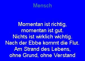 Momentan ist richtig,
momentan ist gut.
Nichts ist wirklich wichtig.
Nach der Ebbe kommt die Flut.

Am Strand des Lebens,
ohne Grund. ohne Verstand