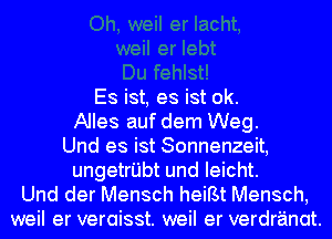 Es ist, es ist ok.
Alles auf dem Weg.
Und es ist Sonnenzeit,

ungetrijbt und Ieicht.
Und der Mensch heiBt Mensch,
weil er veraisst. weil er verdranat.