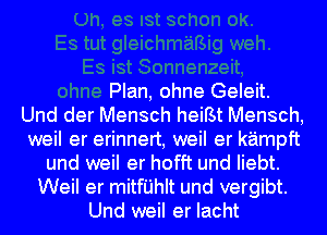 nenzeit,
ohne Plan, ohne Geleit.
Und der Mensch heiBt Mensch,
weil er erinnert, weil er k'aimpft
und weil er hofft und Iiebt.
Weil er mitfijhlt und vergibt.