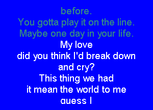 My love

did you think I'd break down
and cry?
This thing we had
it mean the world to me
auessl