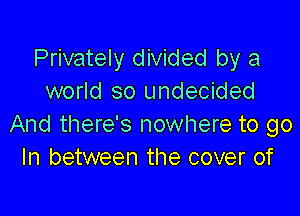 Privately divided by a
world so undecided

And there's nowhere to go
In between the cover of