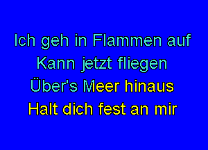 Ich geh in Flammen auf
Kann jetzt fliegen

Uber's Meer hinaus
Halt dich fest an mir