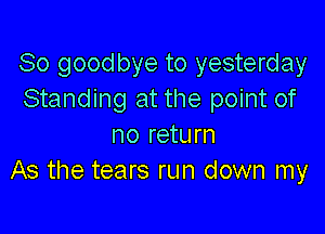 So goodbye to yesterday
Standing at the point of

no return
As the tears run down my