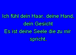 lch fUhl dein Haar, deine Hand,
dein Gesicht

Es ist deine Seele die zu mir
spricht.